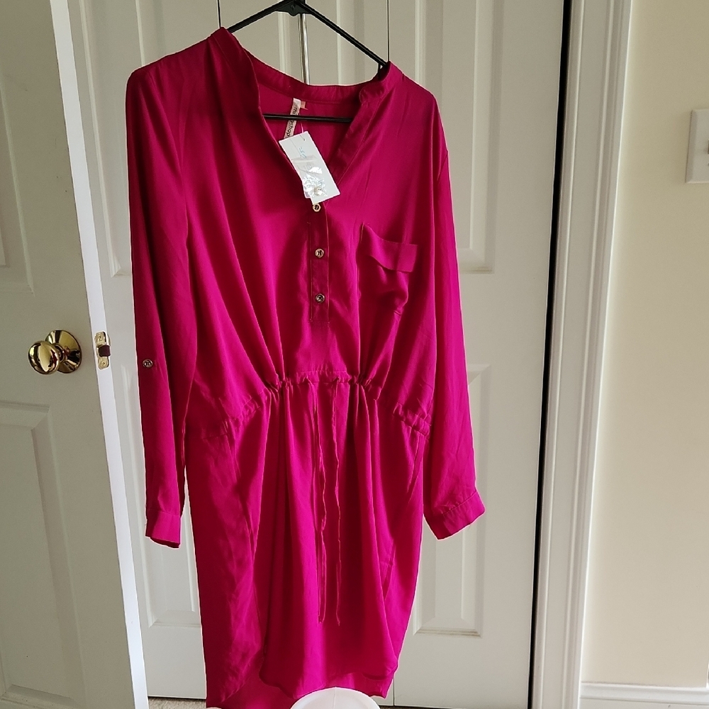 Mittoshop Pink Ruched Tie Front Long Sleeve Dress